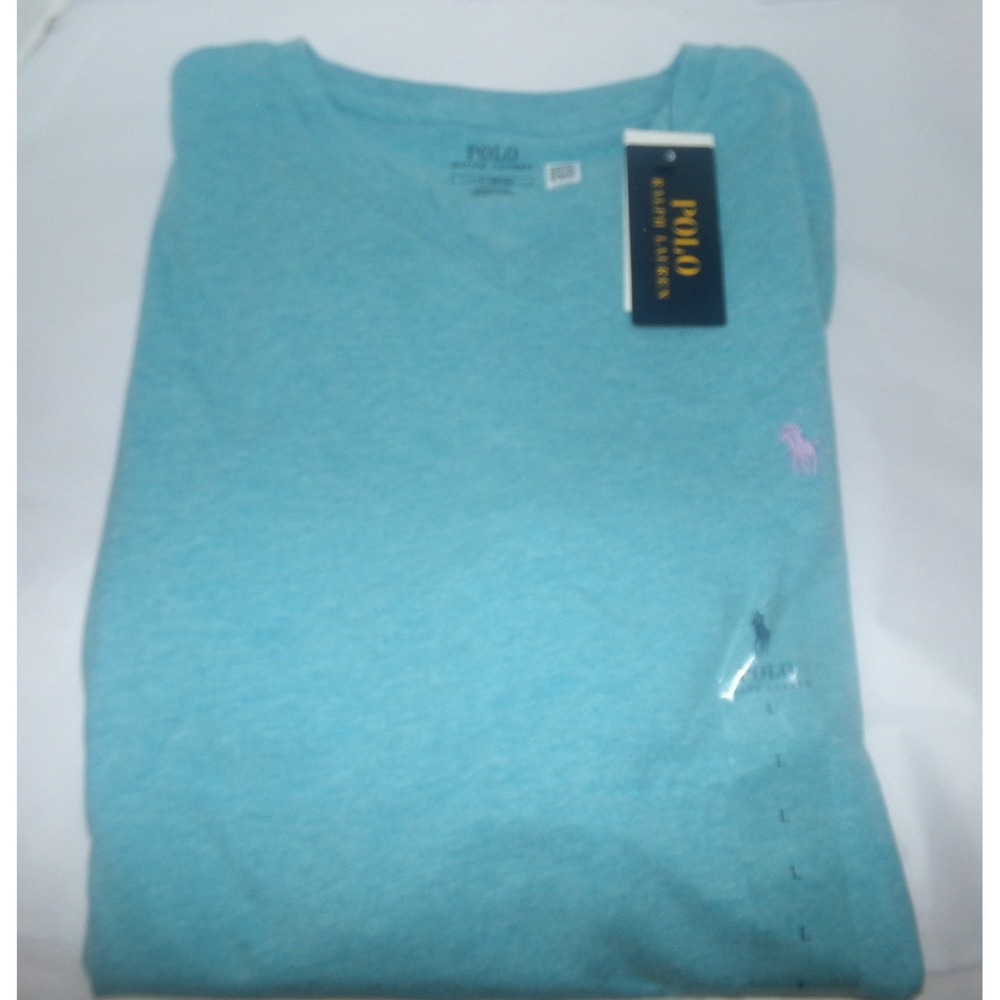 Polo Ralph Lauren Mens V-Neck T-Shirt Turquoise Blue Heather Pink Pony Logo L